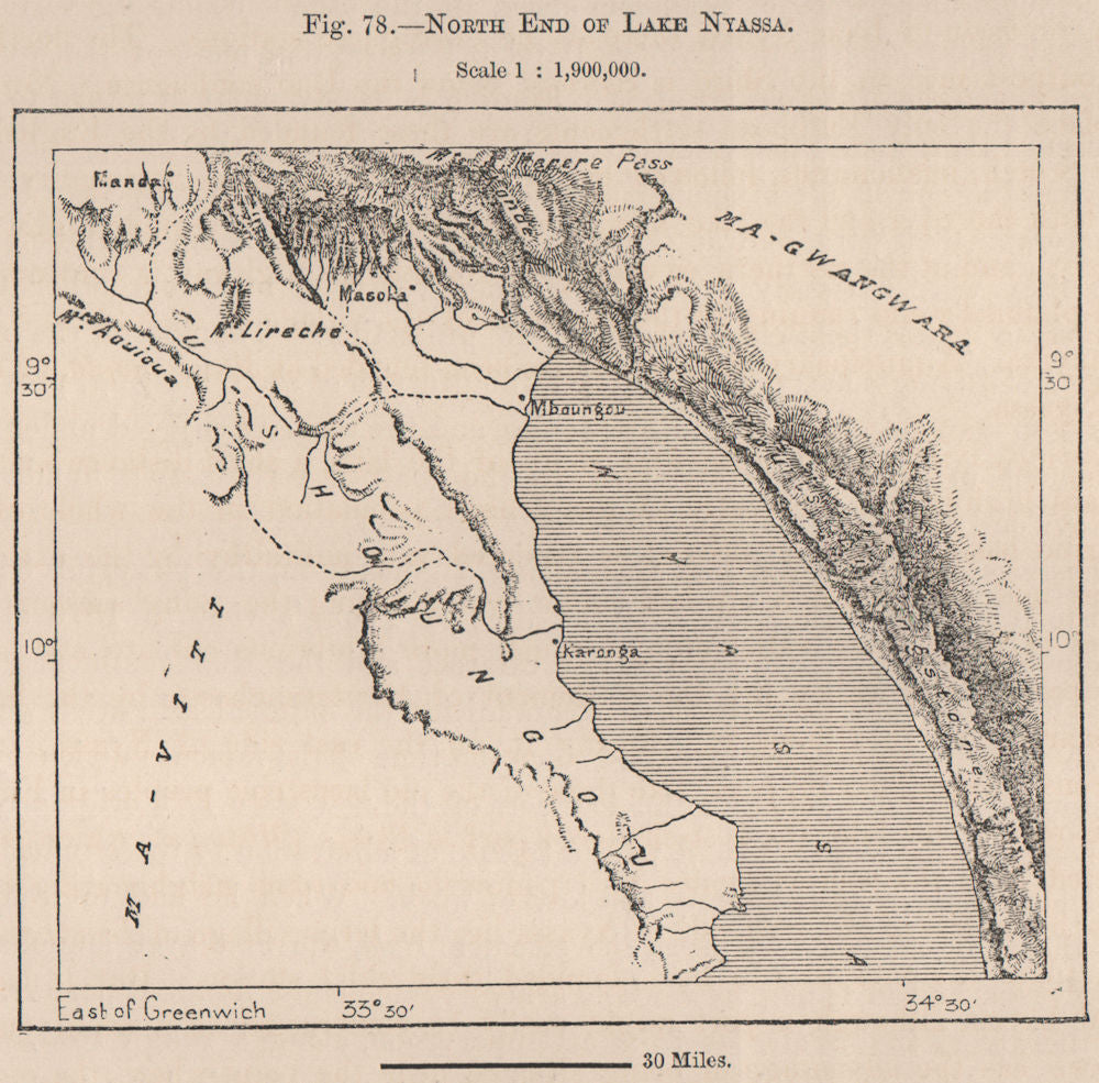 North End of Lake Nyassa(Lake Malawi).East Africa.Malawi Tanzania 1885 old map